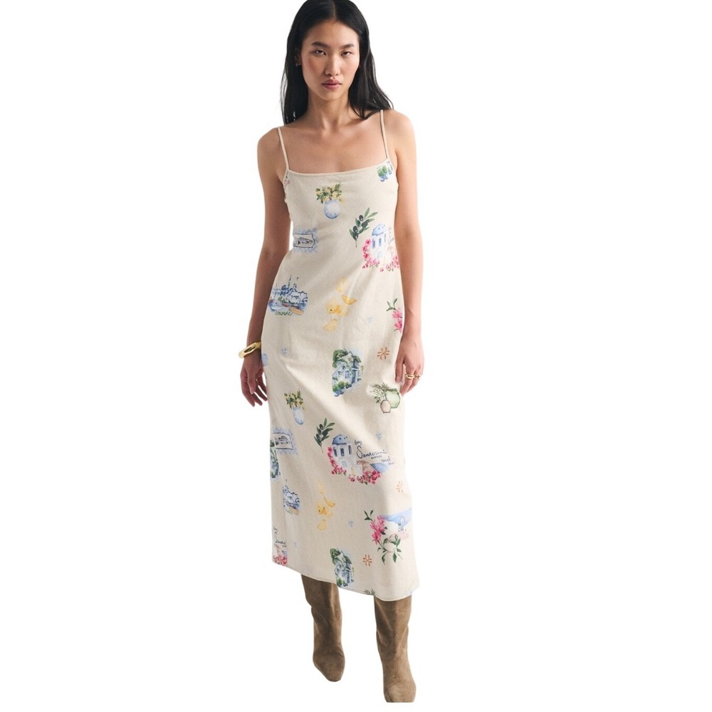 Abercrombie & Fitch Julia Slip Linen Blend Midi Dress Santorini Womens Large
